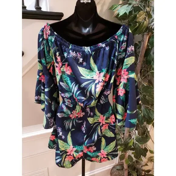 Hint of Blush Women's Off-Shoulder Floral Romper Size M Navy 100% Polyester - Picture 8 of 11